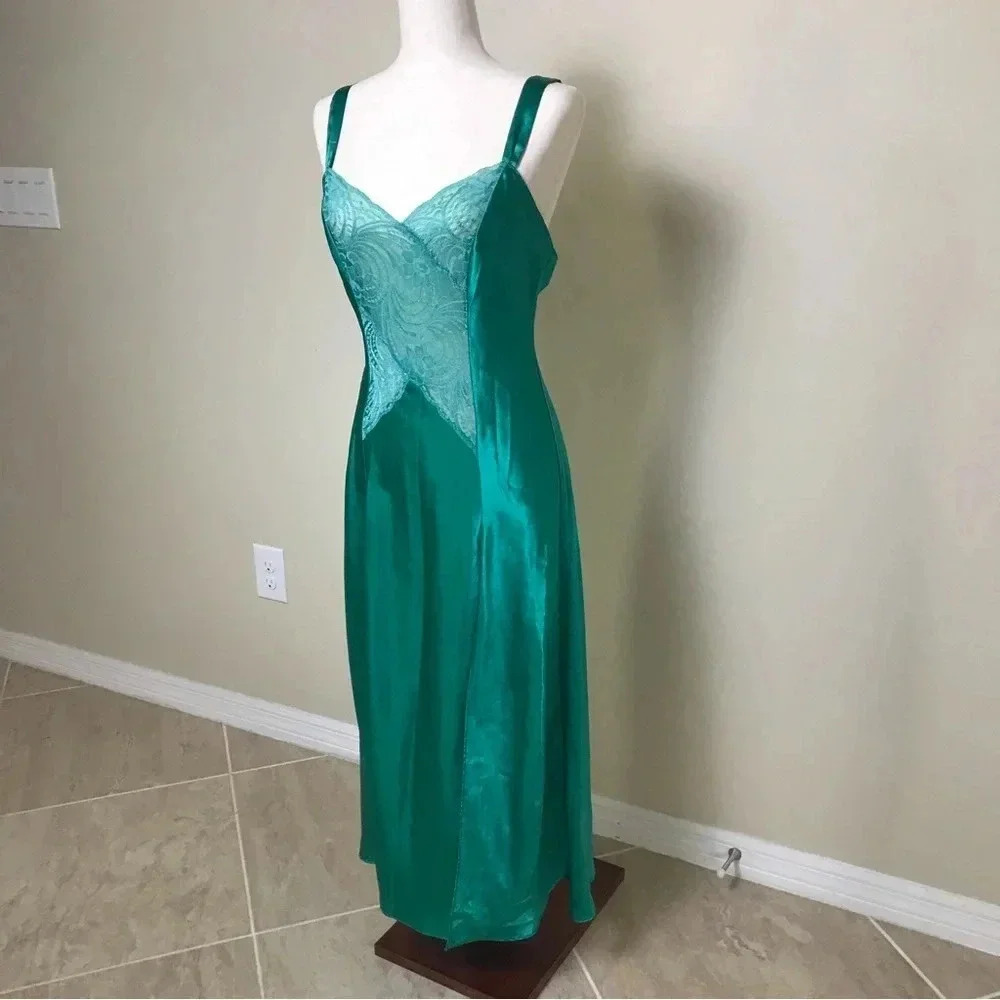 Victoria’s Secret VINTAGE GOLD LABEL Satin Lace Maxi Slip Dress Size Small Green - Picture 8 of 16